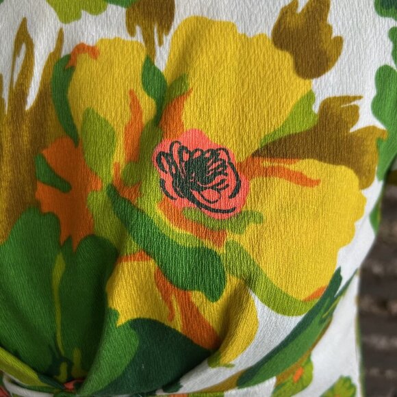 Alice Polynesian Fashions 60s Green Floral Tiki Barkcloth Maxi Dress Size Small - Picture 6 of 10
